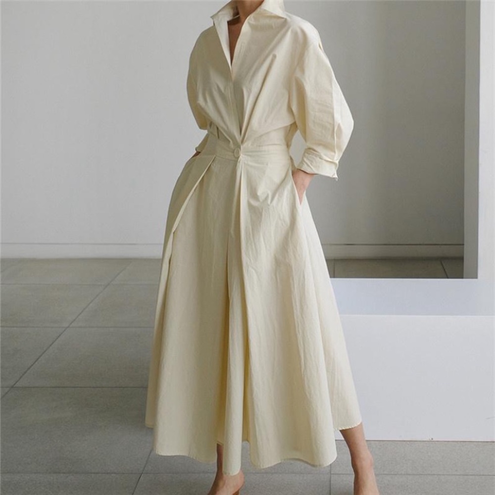Beige ecru long sleeve shirt dress midi